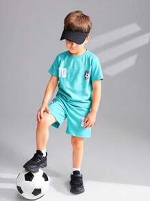 SHEIN 2 Pieces Set: Soccer Print Raglan Sleeve T-Shirt And Shorts Set, Casual Outfit For Young Boys Summer Holiday