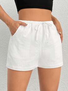 SHEIN PETITE Women'S Solid Color Elastic Waistband Shorts With Slanted Pockets - White - View 9