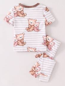 幼儿男孩简约条纹熊图案圆领短袖上衣和紧身裤 2 件套家居服套装 - 彩色 - 查看 2