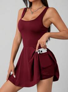 SHEIN PETITE Women's Burgundy Knitted Sleeveless Square Neck Backless Short Unitard Dress: Stretchy And Stylish
