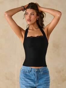 SHEIN BAE 女式无袖纯黑色蕾丝拼接修身细肩带上衣，春夏 - 黑色 - 查看 6