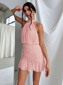 Firerie Women's Halter Neck Ruched Bodycon Romantic Elegant Vacation Beach Dress, Party Dress - Pink - View 6