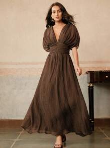 Anewsta Women's V-Neck Ruched Waist Dress With Tied Shoulder Sleeves, Beach Holiday Outfit Spring/Summer