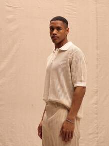 Musero Knit Contrast Collar Short Sleeve Polo Top Spring Summer Streetstyle Easter Vacation - Apricot - View 2