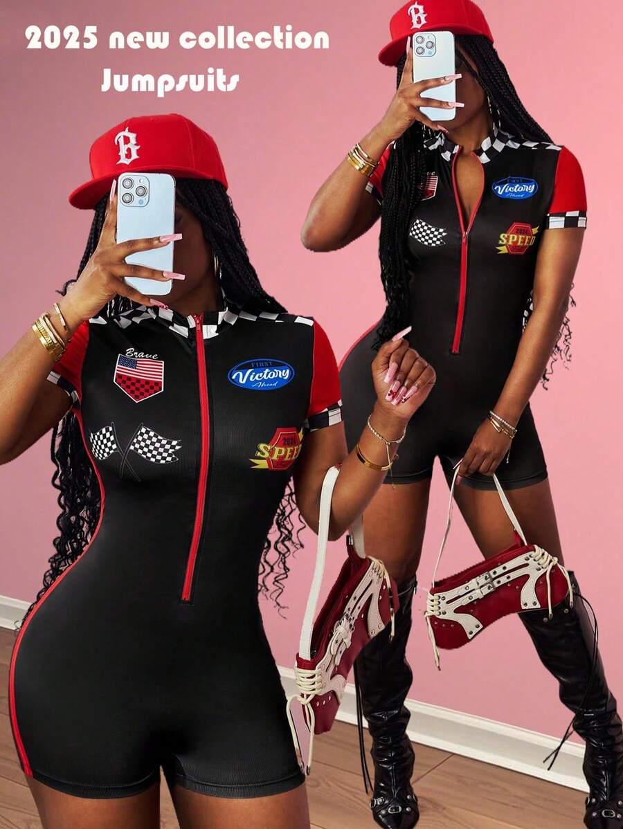 Slaydiva 2025 Summer New Streetwear Rockstar Outfit - Red & Black Contrast Motorcycle Graphic Zip Collar Short Sleeve Jumpsuit, Suitable For Music Festivals, Easter, Nightclub, Racing, Party, Daily Wear, Prom - A
