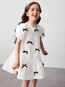 Young Girl Woven Solid Color Round Neck Puff Sleeve Fitted Dress - White - View 4
