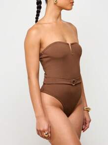 AiiRZ Ribbed Strapless Sweetheart Corset Style Bandeau Bodysuit With Belt Detail Spring Summer Clubwear Party Evening Occasion Bodycon Bustier Top