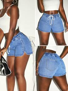 Slaydiva Shorts vaqueros de mujer con cintura con cordón - Azul lavado medio - Ver 1