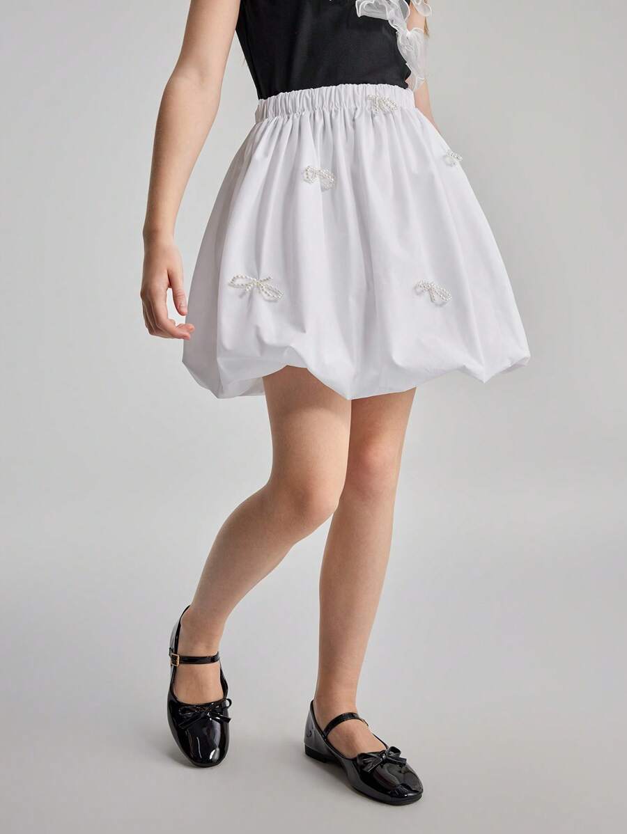 Ontre Tween Girls Simple High-End Fashionable Sweet Cute Outing, Home, Back To School, Party, Versatile Solid Color Pearl Bowknot Decor 3D Flower Bud Skirt, Spring/Summer