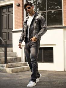 Manfinity Homme Men Casual Everyday Washed Front Button Patch Pocket Denim Jacket, Fall