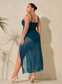 Swim Oasis Plus Size Solid Color Hollow Spaghetti Strap One-Piece Swimsuit With Skirt - Teal Blue - View 2