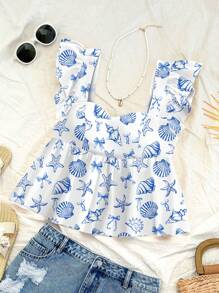 Soleia 休闲度假风格蓝色贝壳与海洋元素，蝴蝶结全身印花女式度假休闲 V 领飘袖娃娃装无袖上衣，适合夏季和海滩