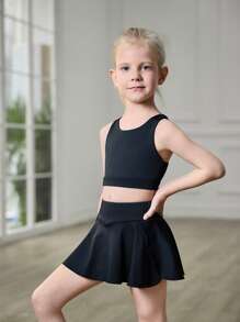 SHEIN Young Girls Fashion Activewear 2 Pieces Set - Sports Bra And Skirt, Black Solid Color, Sleeveless Tank Top, Stretch Knit Fabric, Comfortable And Skin-Friendly, Yoga/Athletic, 4-Way Stretch Girl Performance Dress Young Girls Clothing Two Pieces Ourfit Dance Dress For Girls Girls Dance Wear Girls Dance Dress - Black - View 5