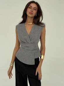 Aloruh Elegant Solid Color Minimalist V-Neck Cross Waist Pleated Asymmetric Hem Puff Sleeve Blouse, Versatile Grey Shirt