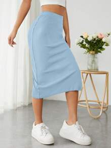 SHEIN PETITE Váy nữ Gân đan Tách cao màu trơn Gợi cảm - Màu xanh nhạt - Xem 5