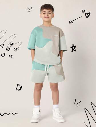 SUMWON Ensemble Sweat-shirt et shorts colorblocks d'été, tenue décontractée en deux pièces, ensemble sport et détente assorti, pour garçons adolescents et jeunesse, pour l'école et la rue
