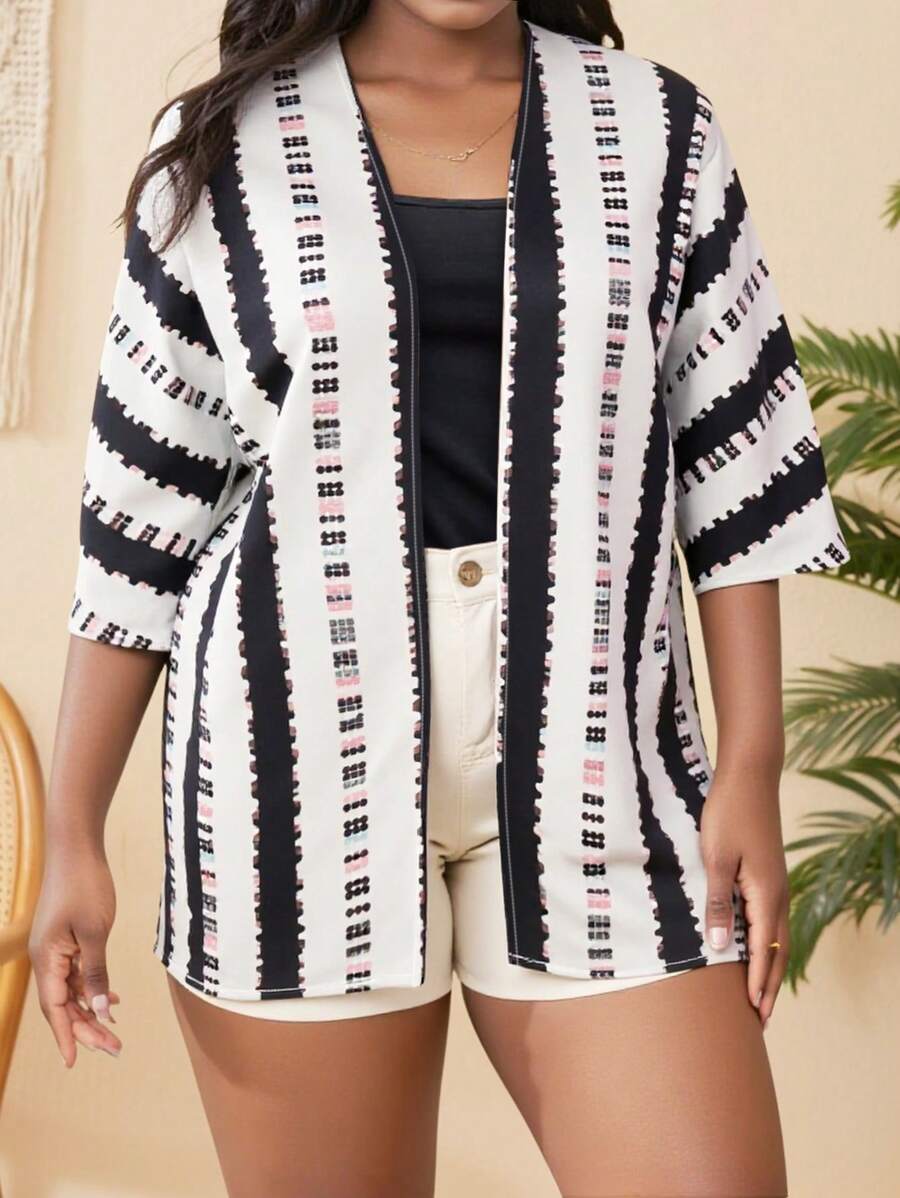SHEIN VCAY CURVE Áo cánh rộng rãi hở tay kẻ sọc cỡ lớn cho nữ - Đen và trắng - Xem 1
