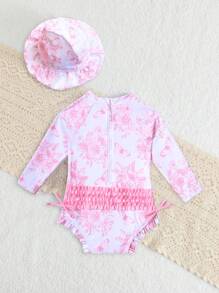 SHEIN Newborn Baby Girl Cute Flower Print Ruffle Long Sleeve Rash Guard Swimsuit With Swimming Cap, Suitable For Summer Beach Vacation Newborn Baby Girl Clothes Set Baby Clothes For Girls Tropical Baby Clothes Girl Newborn Baby Clothes For Girls Baby Girl Clothes Nuteral