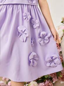 Conjunto de 2 piezas para niña preadolescente, compuesto por un chaleco sin mangas elegante con flores 3D moradas y una falda midi de cintura elástica, para el verano