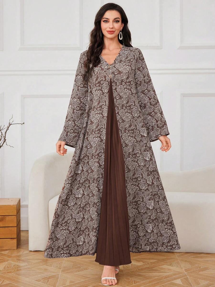 Lacomfia 传统印花拼布褶皱宽松阿拉伯风格连衣裙，端庄