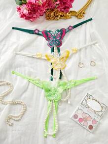 SHEIN 3pcs/Pack Plus Size Women Embroidered Butterfly Open-Crotch Pearl Sexy Panties