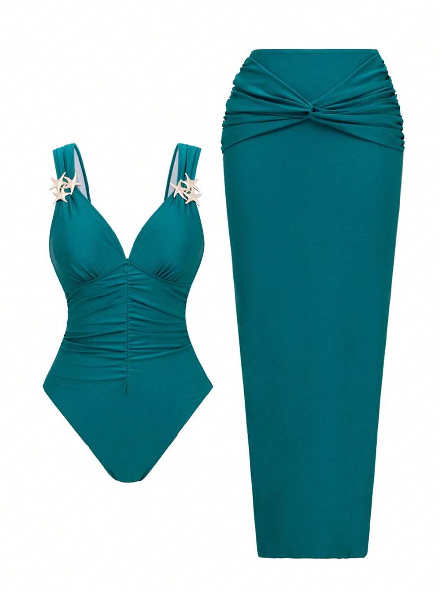 Swim Oasis 女士孔雀蓝粗肩带金色海星装饰前褶裙子 2 件套 - 藍色 - 查看 1