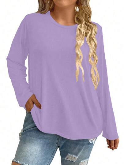 SHEIN LUNE Plus Size Women's Solid Color Round Neck Loose Casual Minimalist Daily Commute Basic Long Sleeve T-Shirt, Purple, Suitable For Spring/Autumn