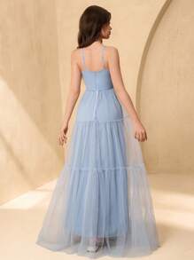 SHEIN Elegant Teen Girl Floral Tulle Spaghetti Strap A-Line Bow Decor Long Evening Dress For Wedding, Prom, Birthday Party