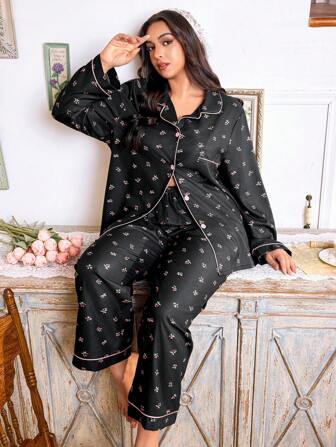 CottageSlumber 大码女式碎花长袖单排扣上衣和裤子睡衣套装