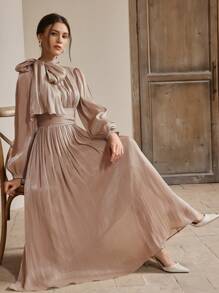 Anewsta Women's Long Dress, Spring/Autumn, Waist Pleated, Shiny, Elegant & Versatile