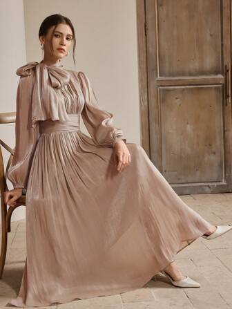 Anewsta レディース ロングドレス、春秋用、ウエスト プリーツ、シャイニー、エレガントでバーサタイル