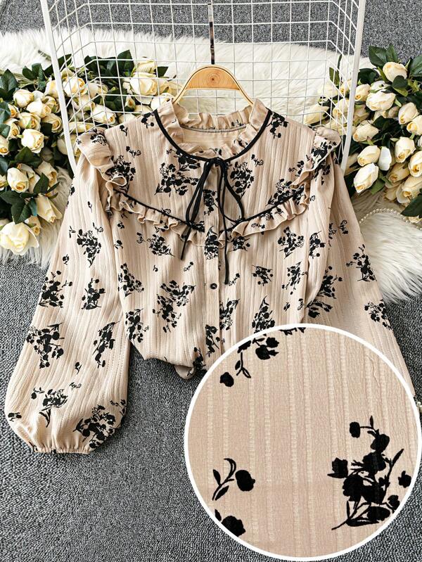DreamSkyne Court Retro  Women Plus Size Printed Casual Woven Shirt For Autumn