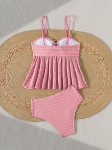 Swim Mod Springbreak Women Textured Fabric Solid Color Spaghetti Strap Ruffle Hem Tank Top And Bikini Set For Summer Beach Vacation - Pink - View 2