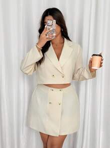 SHEIN Clasi Plus Size Women Double Breasted Short Blazer And Skirt 2 Pieces Set Graduation,Back To School,Teacher Outfits For Women - Apricot - View 4