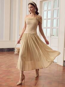 ZEYLAH Elegant Asymmetric Neck 2 In 1 Pleated Patchwork Dress - Apricot - View 7