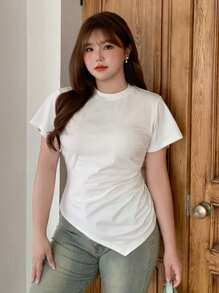 Dazy Plus Plus Size Plain Color Waist Design Short Sleeve White T-Shirt, Spring/Summer Preppy Tops - White - View 6