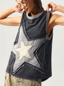 Bohemela 波西米亚复古美式针织拼接五角星刺绣图案宽松水洗棉女式上衣，无袖