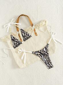Swim Vcay 2pcs/Set Women Leopard Print Metal Chain Decor Bikini Set, Two Pieces Swimwear For Summer Beach Vacation - Multicolor - View 5