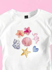 SHEIN Camiseta casual de manga corta y cuello redondo con estampado de estrella de mar para niñas preadolescentes, apta para el verano