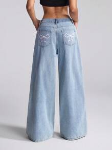 Easelle Vaqueros casuales y holgados con estampado de moño para mujer