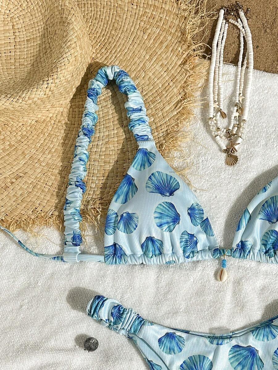 Swim Mod 2 件套泳衣，随机印花和罗纹纹理粗肩带贝壳装饰三角形文胸和比基尼泳裤，性感女士泳装套装 - 彩色 - 查看 1