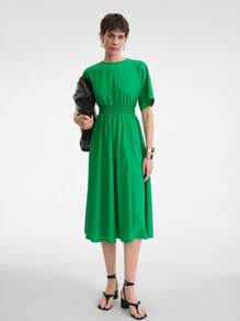 Aalyst Midi Dresses For Women Smocking Stitch Round Neck Graduation Green Sundress Festival Outfits For Women Fall . - Black - View 1