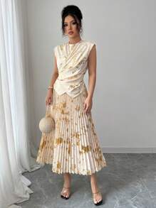 SHEIN Unity 2件套 女士印花褶皱上衣和褶皱半身裙 - 杏色 - 查看 3