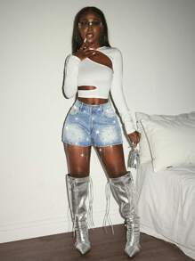 SHEIN Slayr Women's Fashionable Denim Shorts With Pockets, Rhinestone Decoration And Tassel Design - Blue - View 3