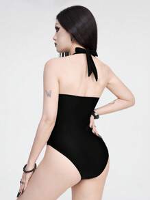 ROMWE Goth Traje de baño de una pieza con contraste de rayas, parches y escote halter sin espalda, Halloween