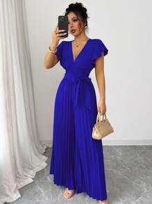 Elenzga New Women V-Neck Ruffle Sleeve Wide Leg Pants, Slim Waist Fitted Style, Casual Daily Commuting Party Dating Elegant Young Lady Jumpsuit - Blue - View 7