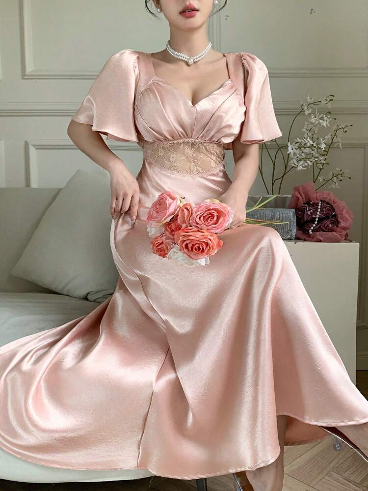 Women's Lace Patchwork Waist High-End Wedding Party Square Neck Satin Crepe Elegant Mid-Length Dress, Summer,Formal Women Dresses Prom Dress Maxi Dress