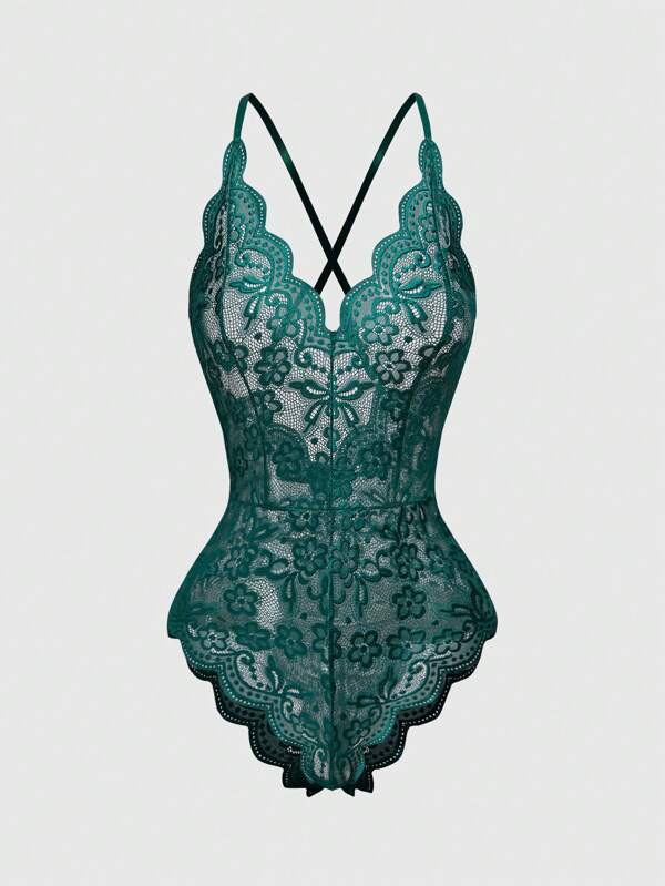 ROMWE Kawaii Romantic Sexy Lace V-Neck Ruffle Crisscross Adjustable Camisole Bodysuit