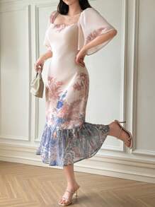 DAZY Vestido midi con cuello cuadrado de gasa con estampado floral diminuto, volantes en el bajo, elegante para el Día de San Valentín y vacaciones - Azul - Ver 4