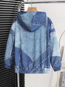 SHEIN Lässige, vielseitige und bequeme Jacke aus Webstoff mit Kapuze und Reißverschluss für Tween Jungen mit Buchstaben- und Denim-Effektmuster, geeignet für den Weg zur Arbeit, zur Schule, für die Freizeit, Reisen, Sport, Frühling/Sommer